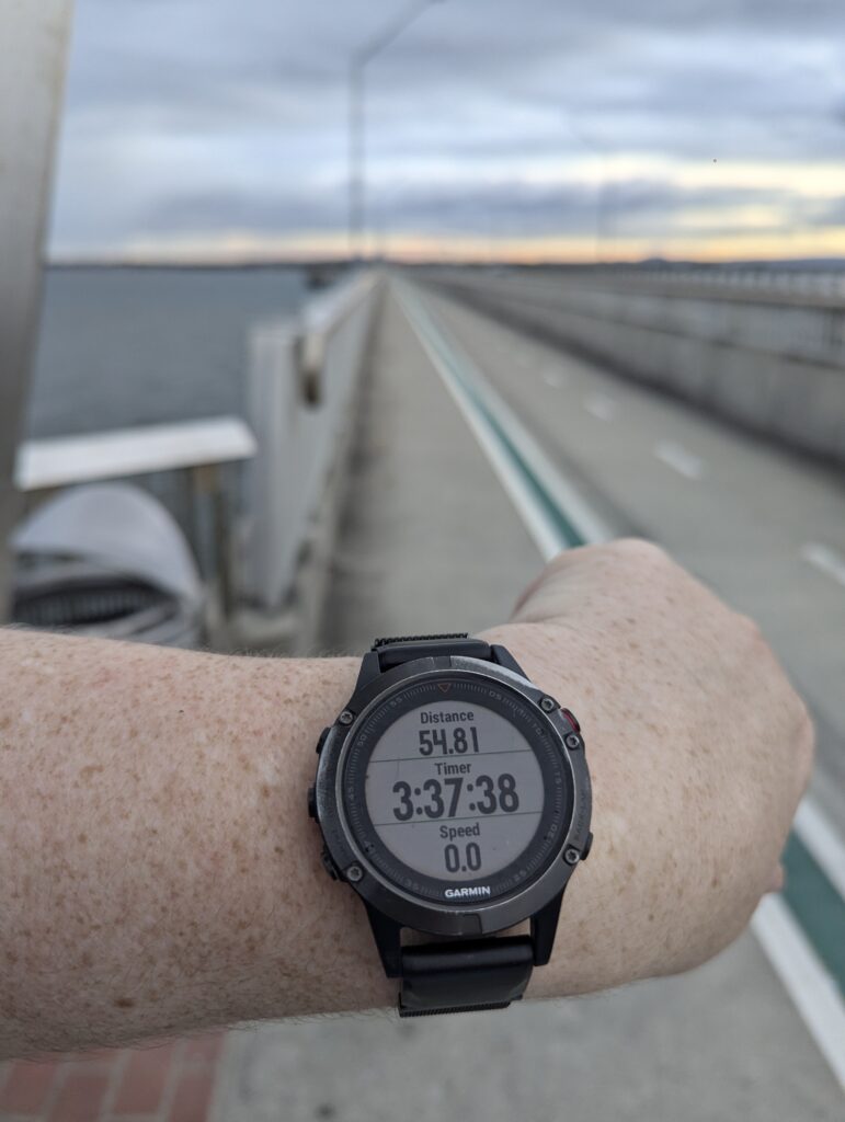 Watch shows 54.81 km with the Hornibrook Bridge, disappearing into the horizon