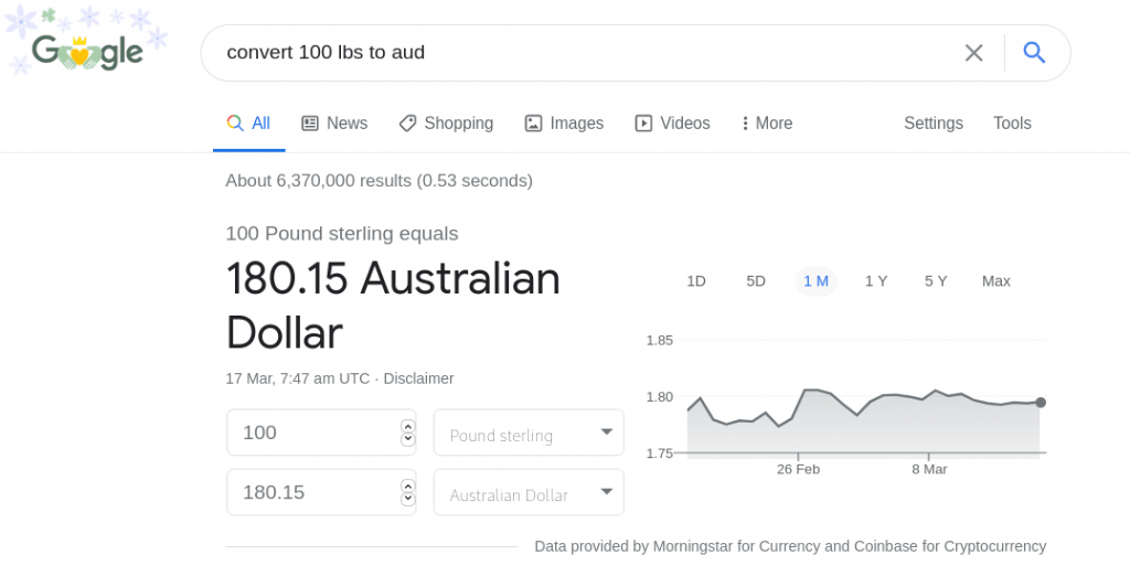 A google search converting 100 lbs to aud. 100 pound sterling is approx 180.15 Aussie Dollars at time of publication.