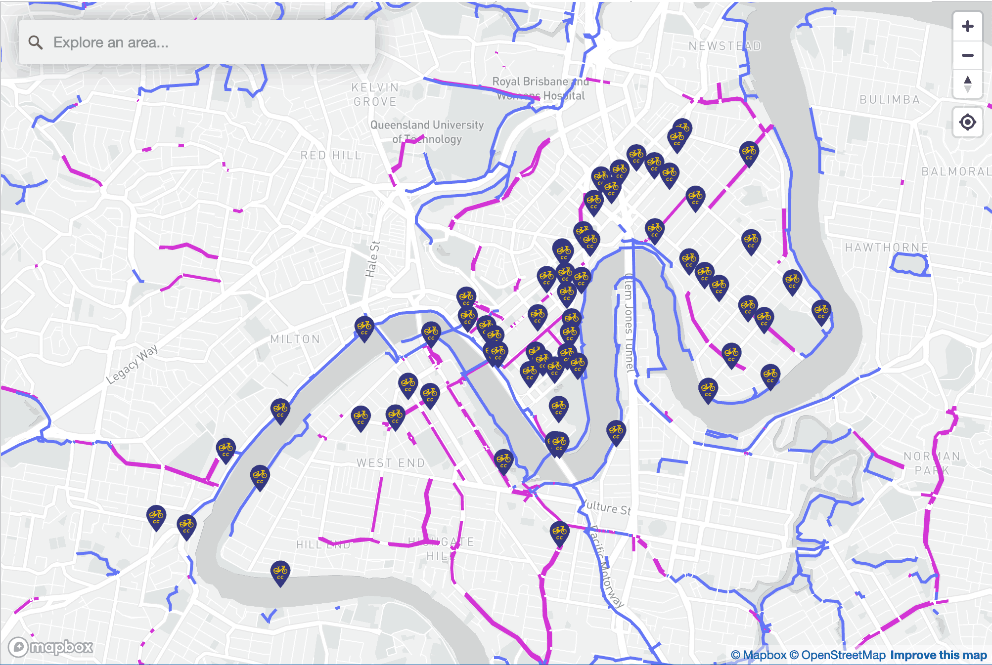 A map of Brisbane with Citycycle stations listed. Mainly clustered around the CBD and New Farm.