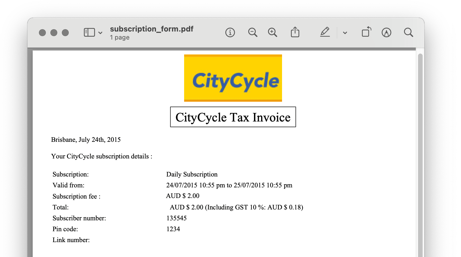 A CityCycle PDF containing the link code to unlock the bike. Extremely not optimised for mobile.
