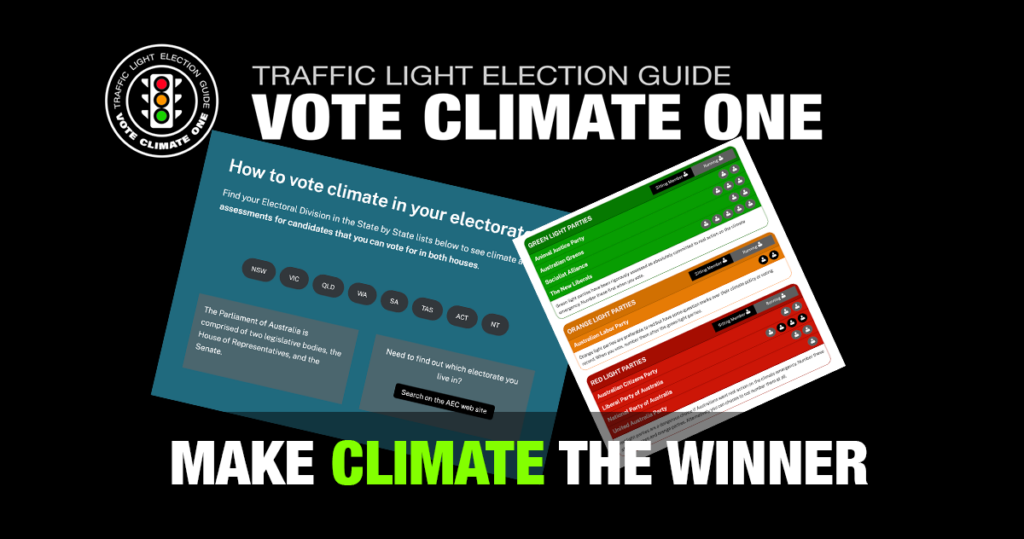 Traffic light election guide. Vote climate one. Make climate the winner. 