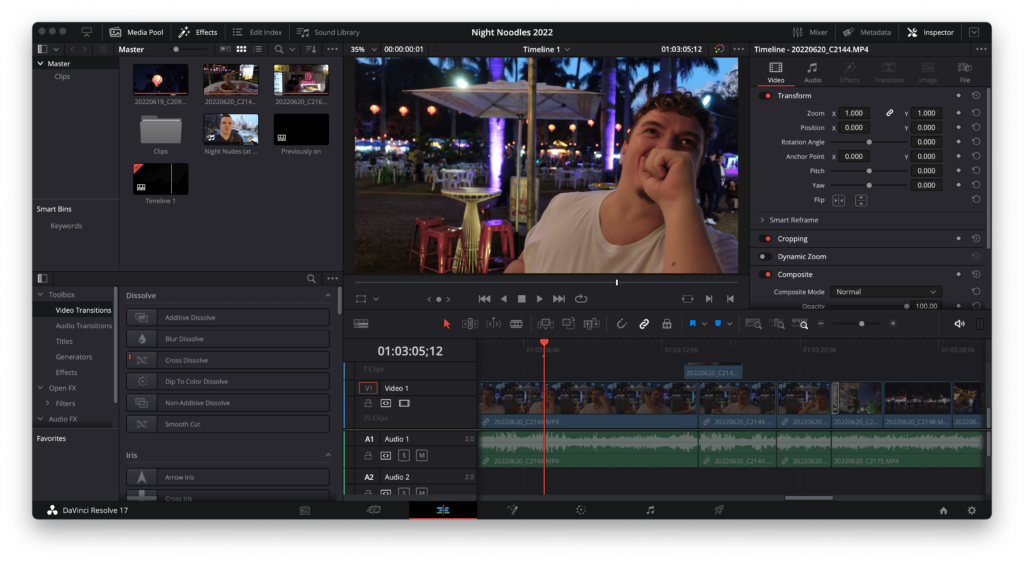 Davinci Resolve edit window showing the media pool, effects, inspector, timeline, and a proto of me giggling at the noodle markets.