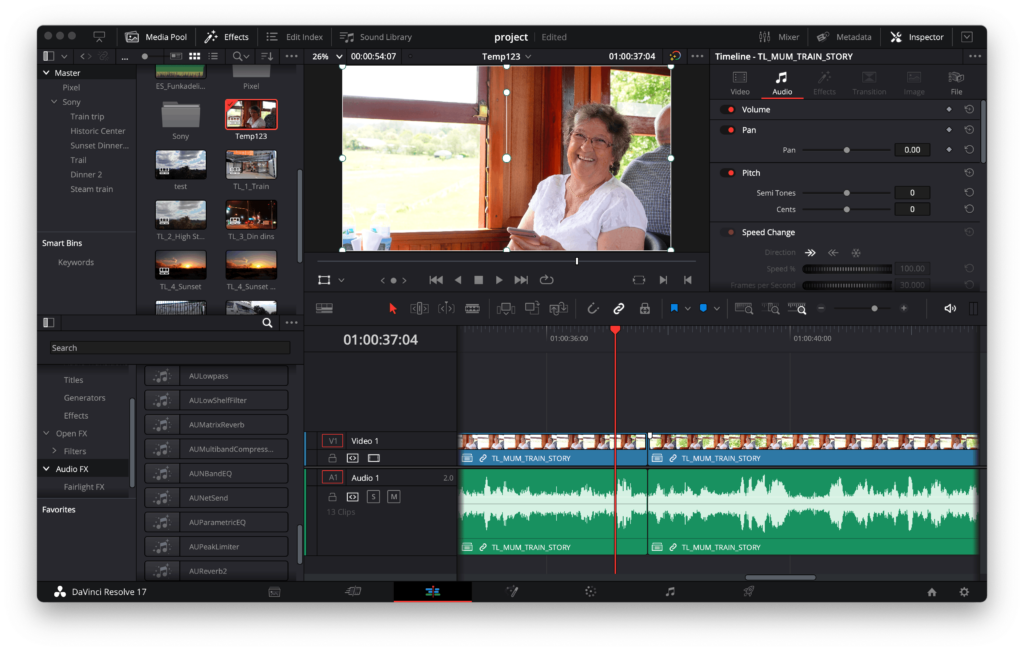A shot of DaVinci Resolve 17, video editor, with a video and audio track