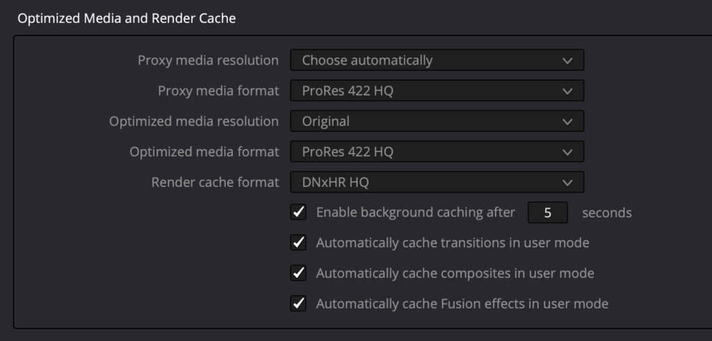 Optimised media & render cache settings. I've chosen ormat DNxHR HQ and checked all the caching boxes.
