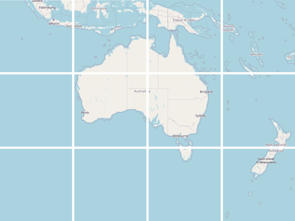A map of Australia and surrounding nations, split into a 256 pixel grid