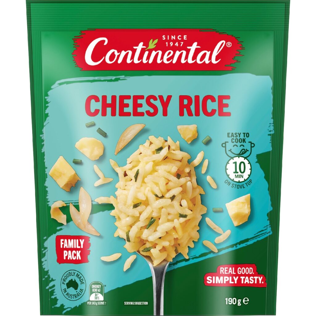 The new packaging is green, teal and red. It's less good. Also it's just "cheesy" rice now, not "tasty cheesy rice".