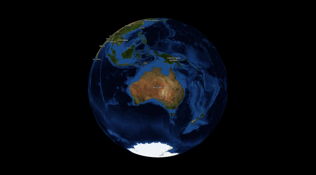 A 3D globe with Nasa's Blue Marble satellite imagery wrapped around it, showing Australia, bit of Asia, Antarctica, and New Zealand (weirdly, usually maps don't show New Zealand).